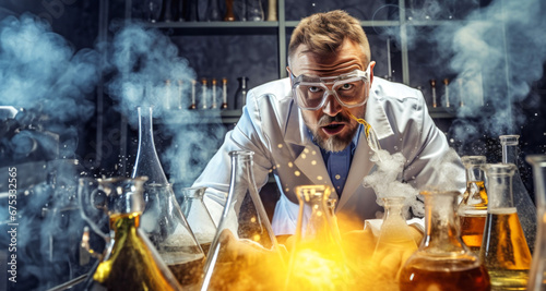 Hombre Científico Químico en bata blanca haciendo un experimento con probetas  photo