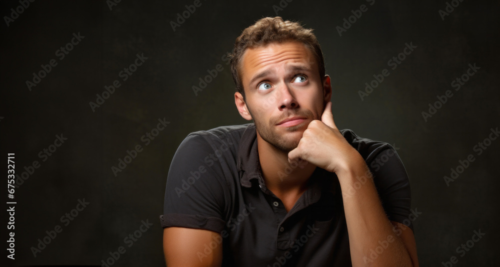 Hombre Joven Pensador en camiseta negra pensando o reflexionando fondo negro