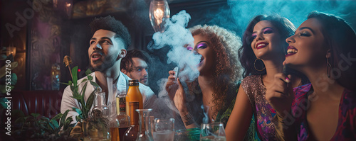 Happy smillig friends drinking and smoking shisha or Marijuana in night bar. photo