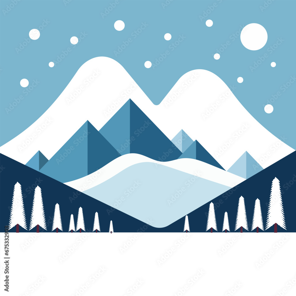 blue white winter landscape nature hill and tree with mountain poster banner illustration blue white winter landscape nature hill and tree with mountain poster banner illustration
