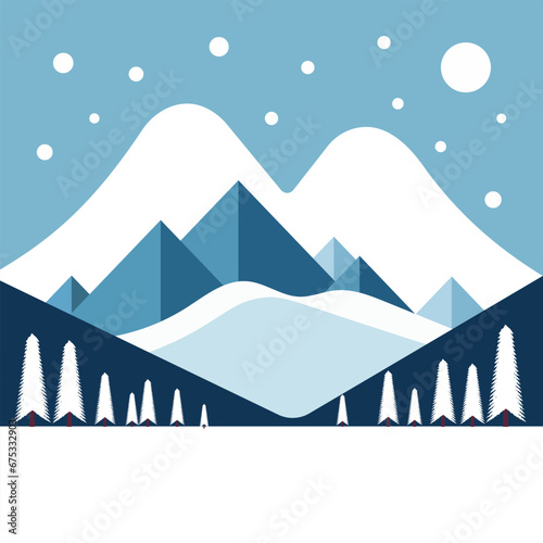 blue white winter landscape nature hill and tree with mountain poster banner illustration