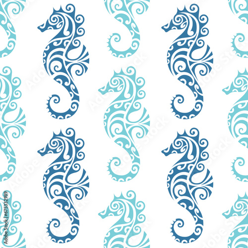 seamless pattern with seahorse maori style. Blue colors