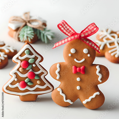 Delicious gingerbread cookie with festive decorations on white background.