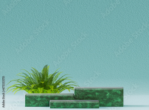 Fototapeta Naklejka Na Ścianę i Meble -  3D jade marble pedestal and palm tree.abstract green background