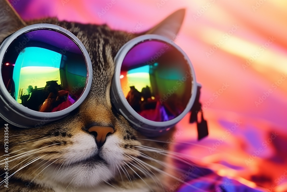 beautiful fat cat wearing VR virtual reality gogles on colored background, Technology future funny activity concept