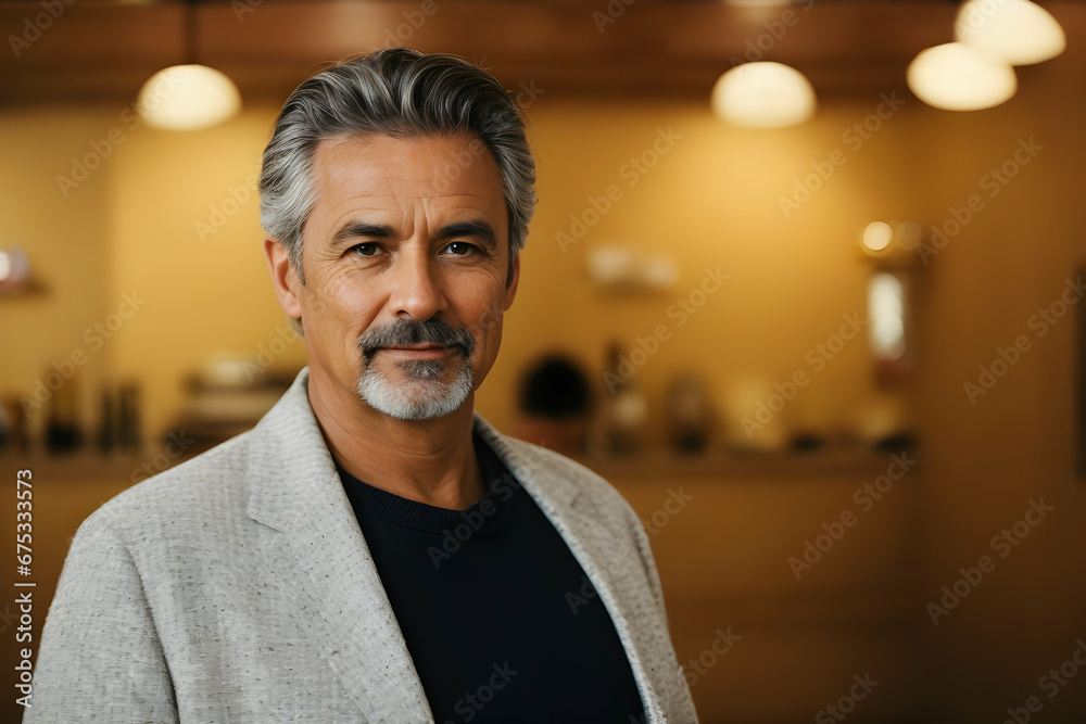 Fototapeta premium In bright modern office, senior mature handsome hispanic businessman with large smile.