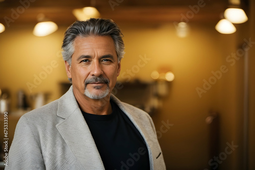 In bright modern office, senior mature handsome hispanic businessman with large smile.