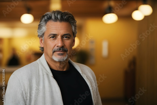 In bright modern office, senior mature handsome hispanic businessman with large smile.