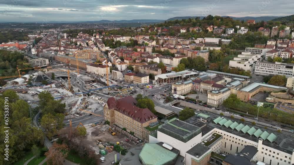 evening time stuttgart city center traffic street train station construction yard aerial panorama 4k germany evening time stuttgart city center traffic street train station construction yard aerial panorama 4k germany