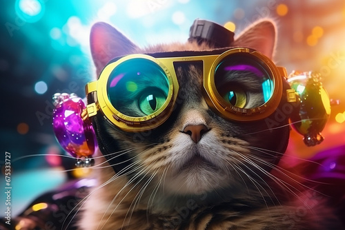 beautiful fat cat wearing VR virtual reality gogles on colored background, Technology future funny activity concept photo