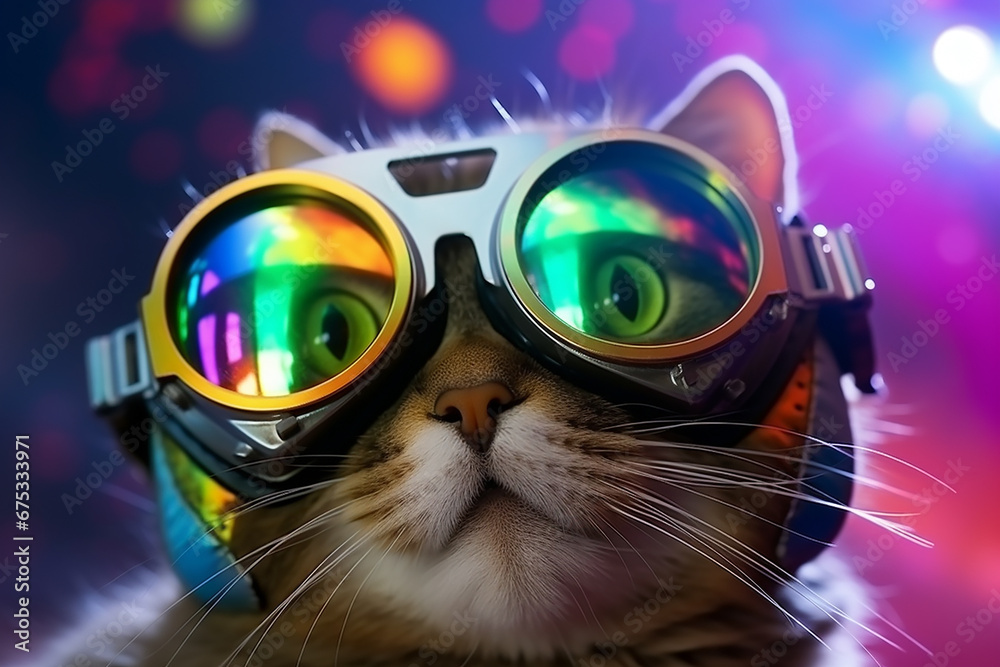 beautiful fat cat wearing VR virtual reality gogles on colored background, Technology future funny activity concept beautiful fat cat wearing VR virtual reality gogles on colored background, Technology future funny activity concept