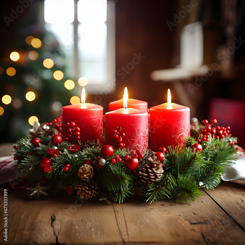 Advent Wreath with four red burning candles - created with generative AI