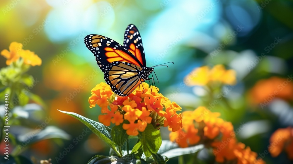 Beautiful image in nature of monarch butterfly on lantana flower. Beautiful image in nature of monarch butterfly on lantana flower.