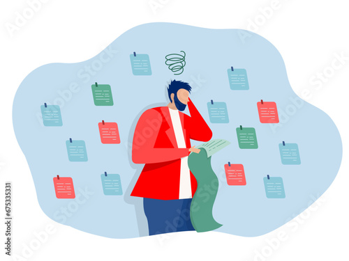 work overload concept , businessman working with chaotic sticky notes busy overworked tired exhausted  vector