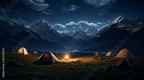 Travelers set up camp in the highlands  with tents at the front. generative AI.