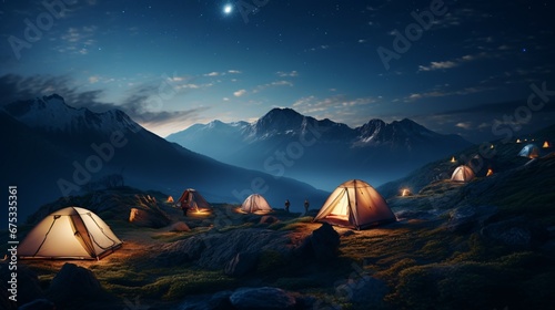 Travelers set up camp in the highlands  with tents at the front. generative AI.