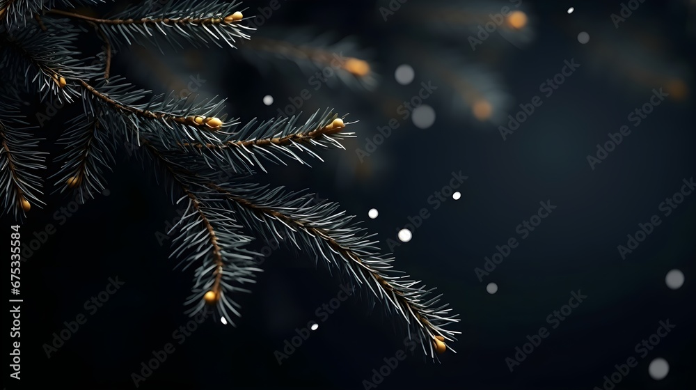 Fototapeta premium Green fir tree winter black minimal background.
