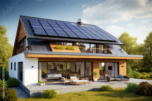  Solar panels on the gable roof of a beautiful modern home © Kien