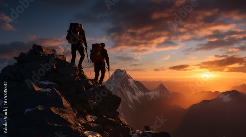 Two people are atop a mountain peak, visualizing a team triumph. generative AI © ikkilostd