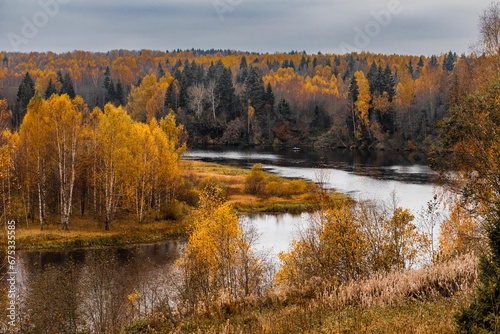 Autumn landscape. View of the rivers and autumn forest.
