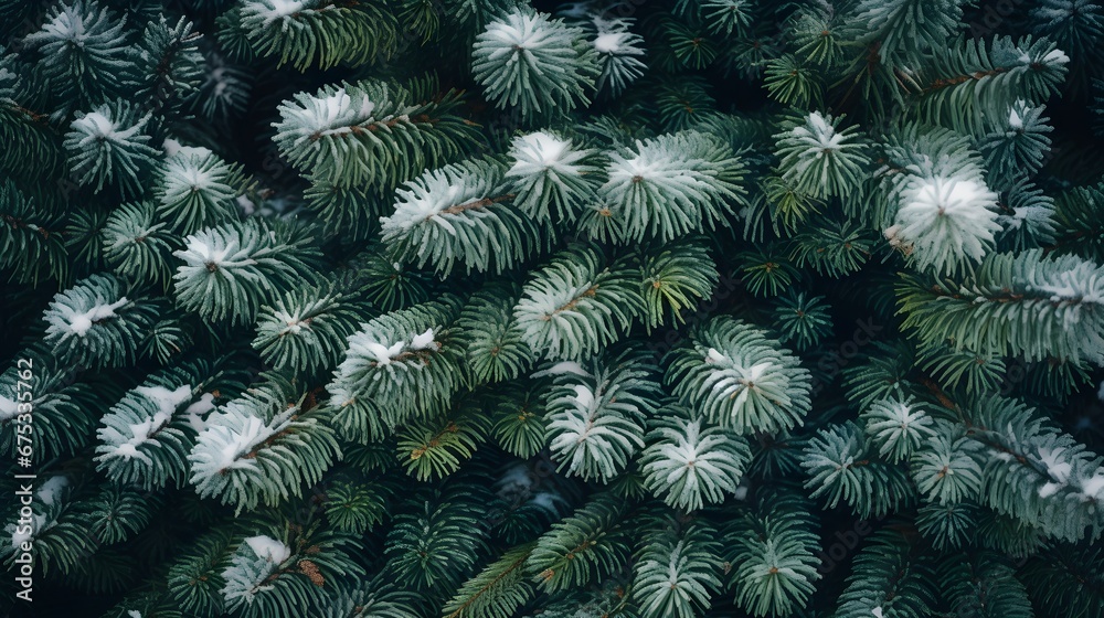 Green fir tree winter abstract blurred background.