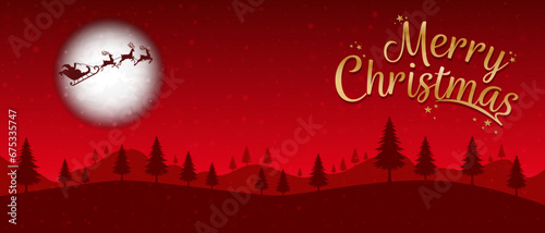 Christmas winter banner with Santa, sleigh, and reindeer. Santa is flying through the night sky under the Christmas forest. vector illustration EPS10. Christmas Background or Banner.