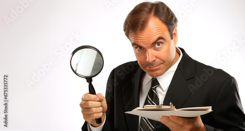 Hombre inspector en traje sosteniendo una lupa