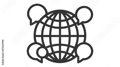 Icon of global communication with a globe and speech bubbles.