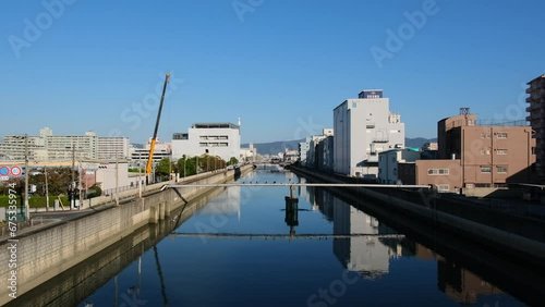 大阪、都市、風景、川、橋、秋、川、水波
