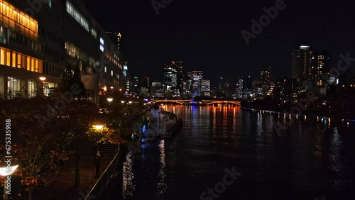 大阪、都市、風景、川、橋、秋、夜景