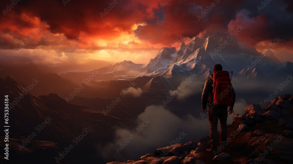 man standing on top of a mountain with a bag on his back and a sunset behind him, with a red sky, orange clouds, and a red-hue background. generative AI.
