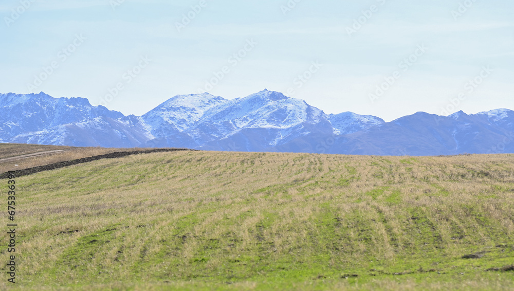 Obraz premium landscape, mountain, sky, nature, mountains, clouds, hill, panorama, cloud, valley, summer, grass, field, forest, Kazakhstan nature, tree, green, hills, lake, countryside, travel, meadow, sunset, rura