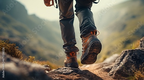 A man ascending a mountain path; close-up of his footwear made of leather The hiker is seen moving, one foot off the ground and the other firmly planted on the steep path. generative AI.