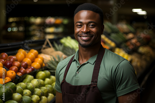 A happy African male trader standing in a market place