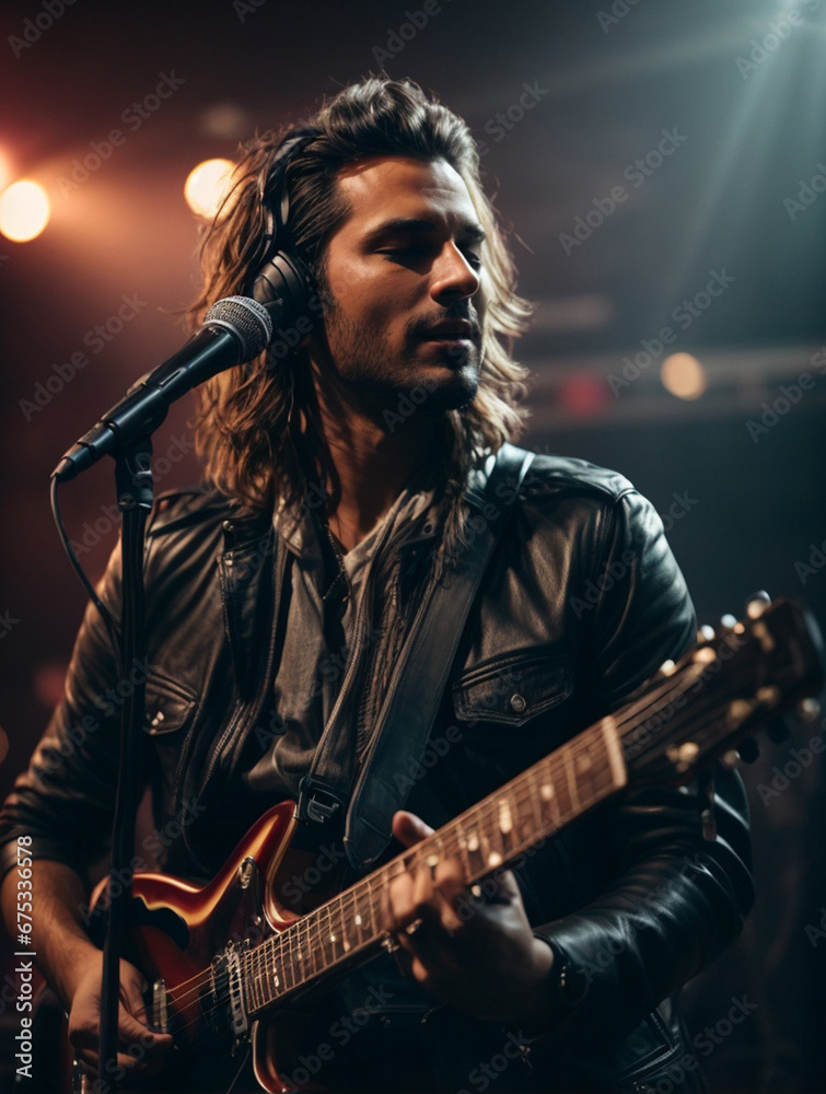 Portrait of rock singer holding electric guitar and fixed acoustic microphone on concert stage.