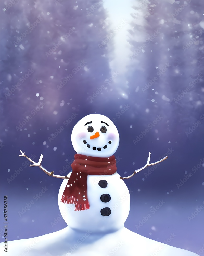 Fototapeta premium Cartoon Snowman in a snowy forest