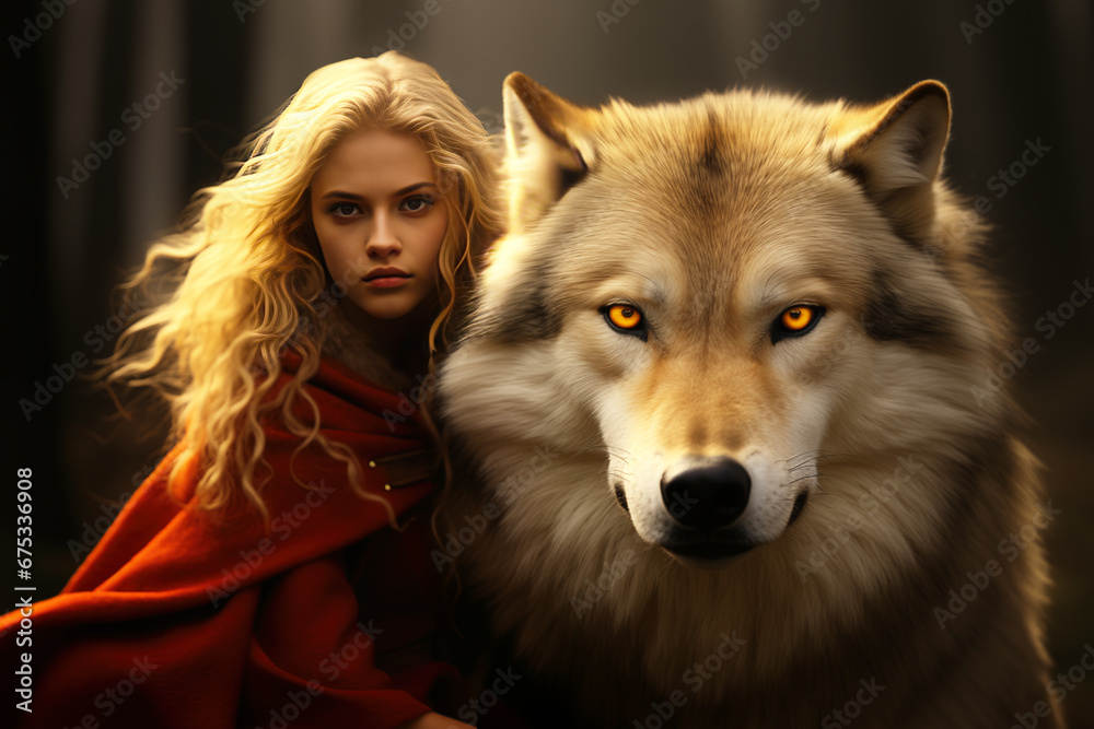 Fototapeta premium Red Riding Hood and the Wolf in a Harmonious Encounter