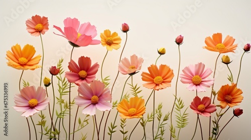 Orange  pink and yellow cosmos flowers are bloom on a white background.