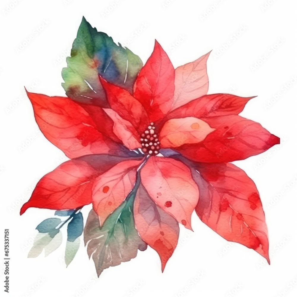 watercolor poinsettia flower on white background, Christmas, New Year design element