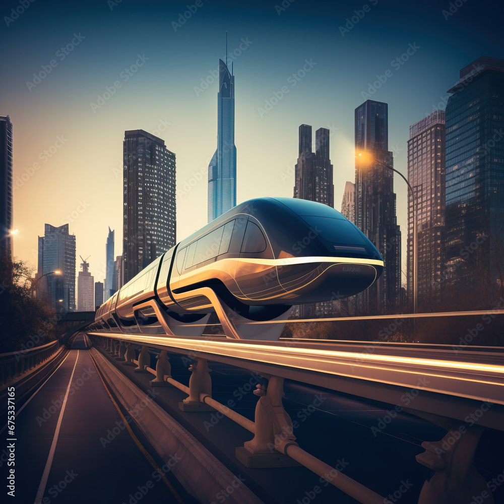 Futuristic monorail system traffic at night created with Generative AI technology