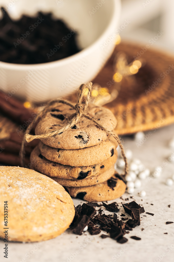 Fototapeta premium Close-up of chocolate chip cookies on the kitchen table.