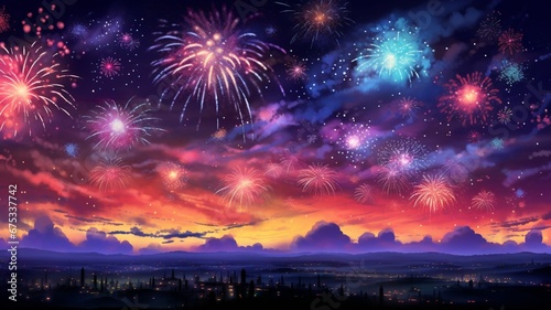 a dazzling firework display against a velvety night sky, where bursts of color and light paint the heavens in a mesmerizing symphony of celebration. © baloch