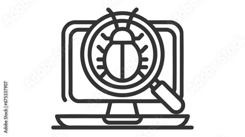 Black vector icon of a magnifying glass focusing on a virus on a computer monitor