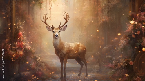 a deer with delicate antlers  embellished with flowers and glitter  standing amidst a garden of New Year decorations  embodying grace and natural beauty.