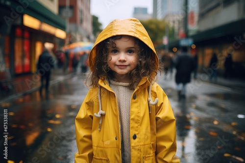 Cute little girl in yellow raincoat under the rain in a city street.