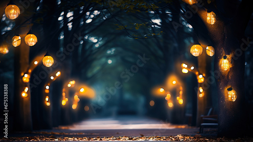 Dark path in the forest with bokeh lights created with Generative AI technology