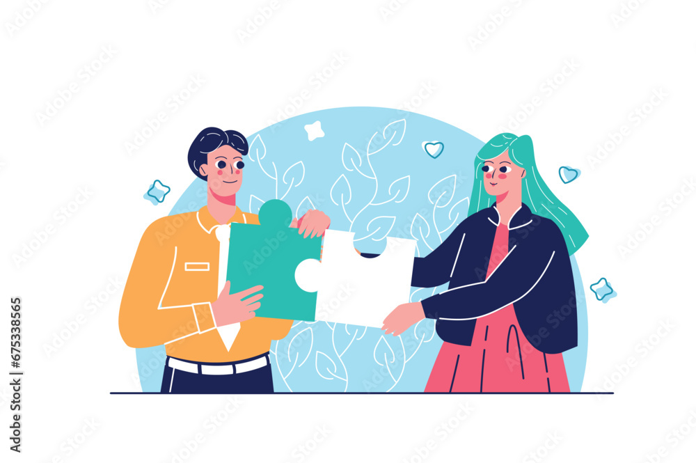 Fototapeta premium Teamwork concept with people scene in the flat cartoon design. Two colleagues combined their efforts to work together and get a cool result. Vector illustration.