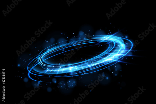 Magical fantasy portal. Round light frame, futuristic teleporter. lighting effect. Blue neon lights illuminate night scene with sequins on black background. Light effect of an empty podium