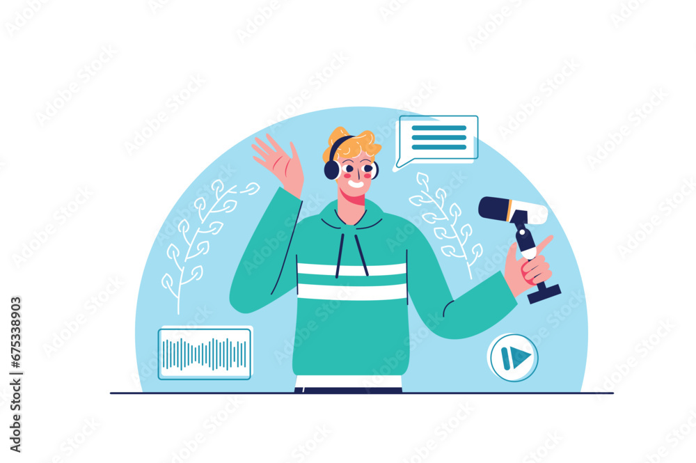 Podcast concept with people scene in the flat cartoon style. A radio host records a morning podcast in the studio for his listeners. Vector illustration.