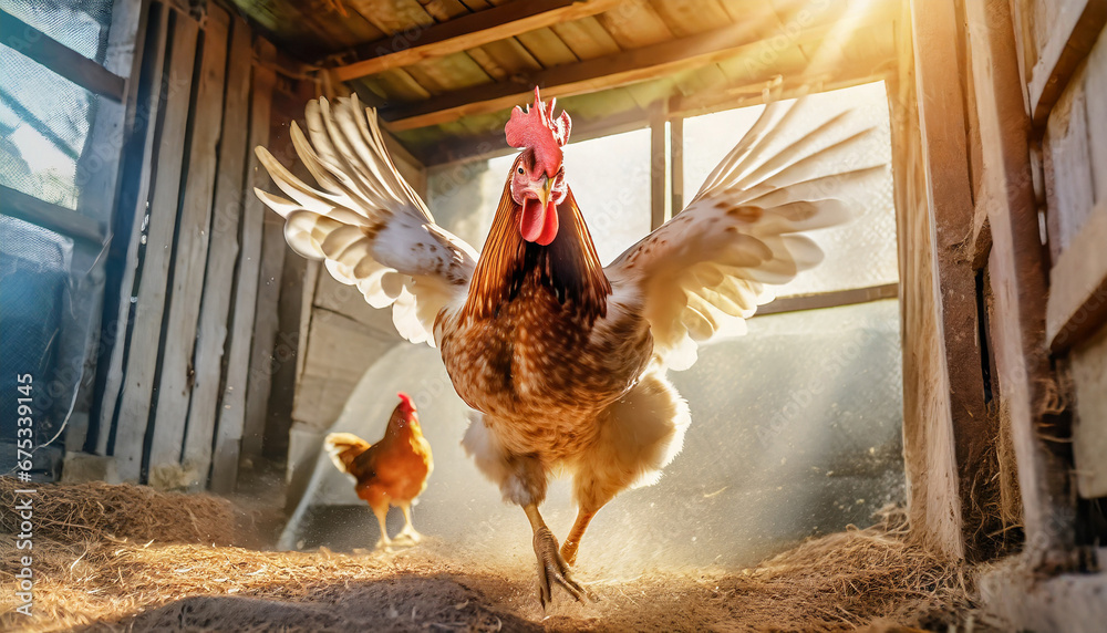 rooster in his henhouse sings happily the new dawn - obrazy, fototapety, plakaty 